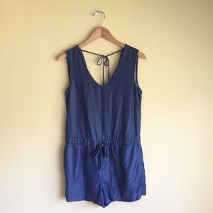 Zara Blue Chambray V-Neck Romper Tie Back Size XS
